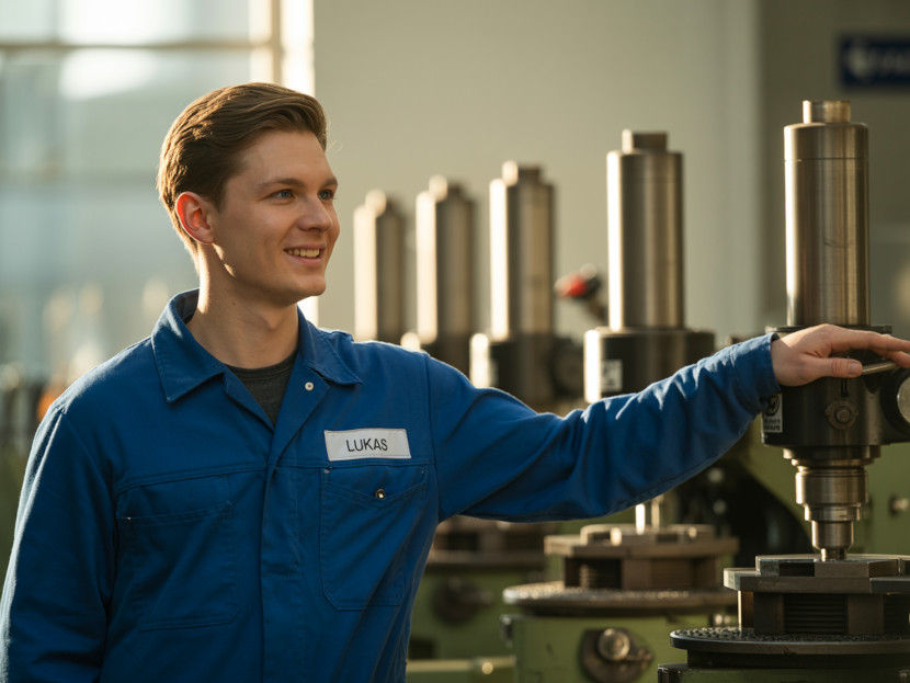 Anlagenmechaniker montiert eine Industrieanlage in einer Werkhalle