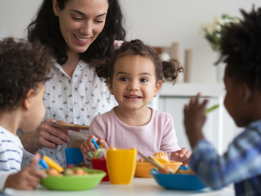 Babysitterin betreut zwei Kinder beim Spielen