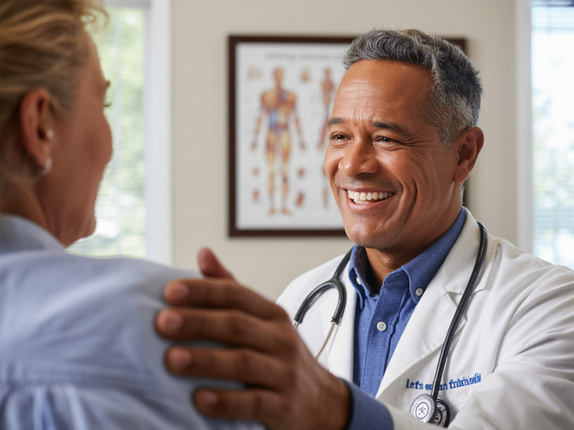 Orthopäde untersucht das Knie einer Patientin in der Praxis